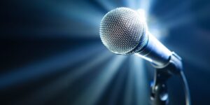 a microphone in a stand with a background halo of lights around it.